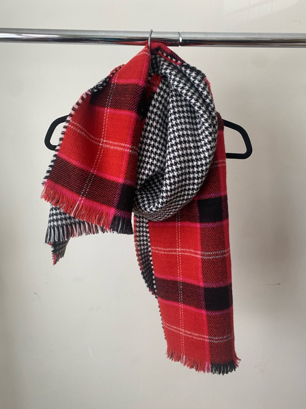 LOFT Red & Black Plaid Reversible Scarf with Houndstooth